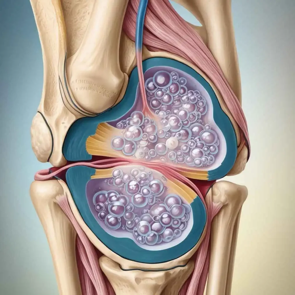 A cross-section of a knee joint showing gas bubbles trapped within the synovial fluid.