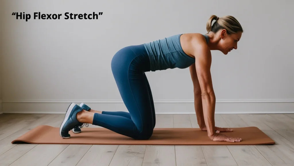 A lady performing a hip flexor stretch to relieve hip bursitis pain.