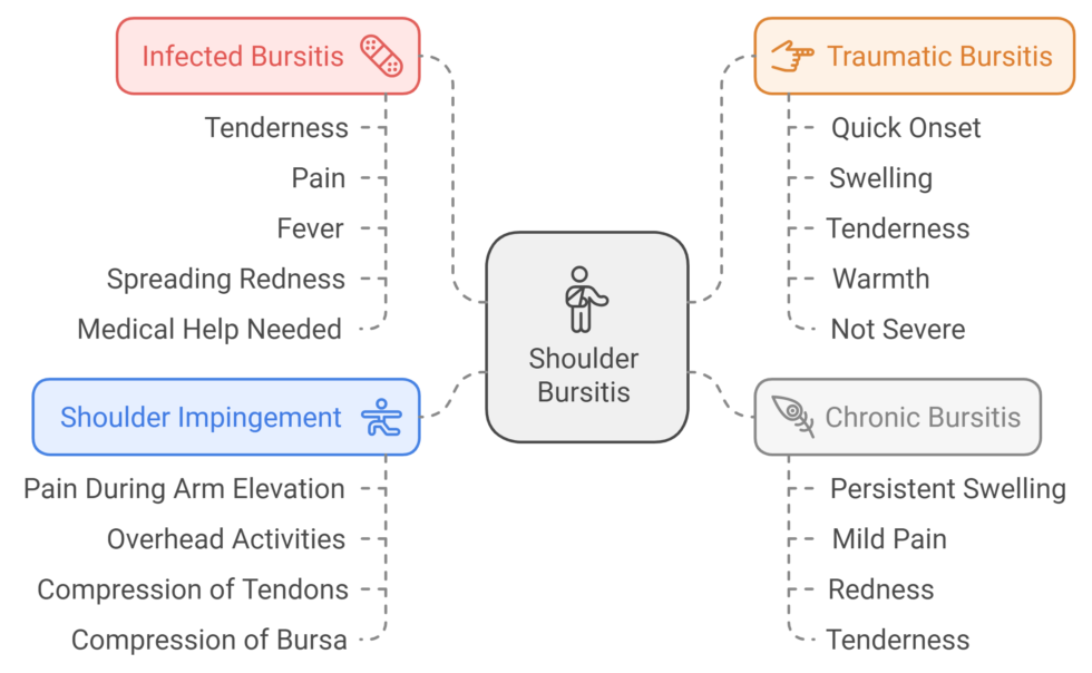 A diagram comparing the symptoms and causes of chronic, infected, traumatic, and impingement shoulder bursitis.